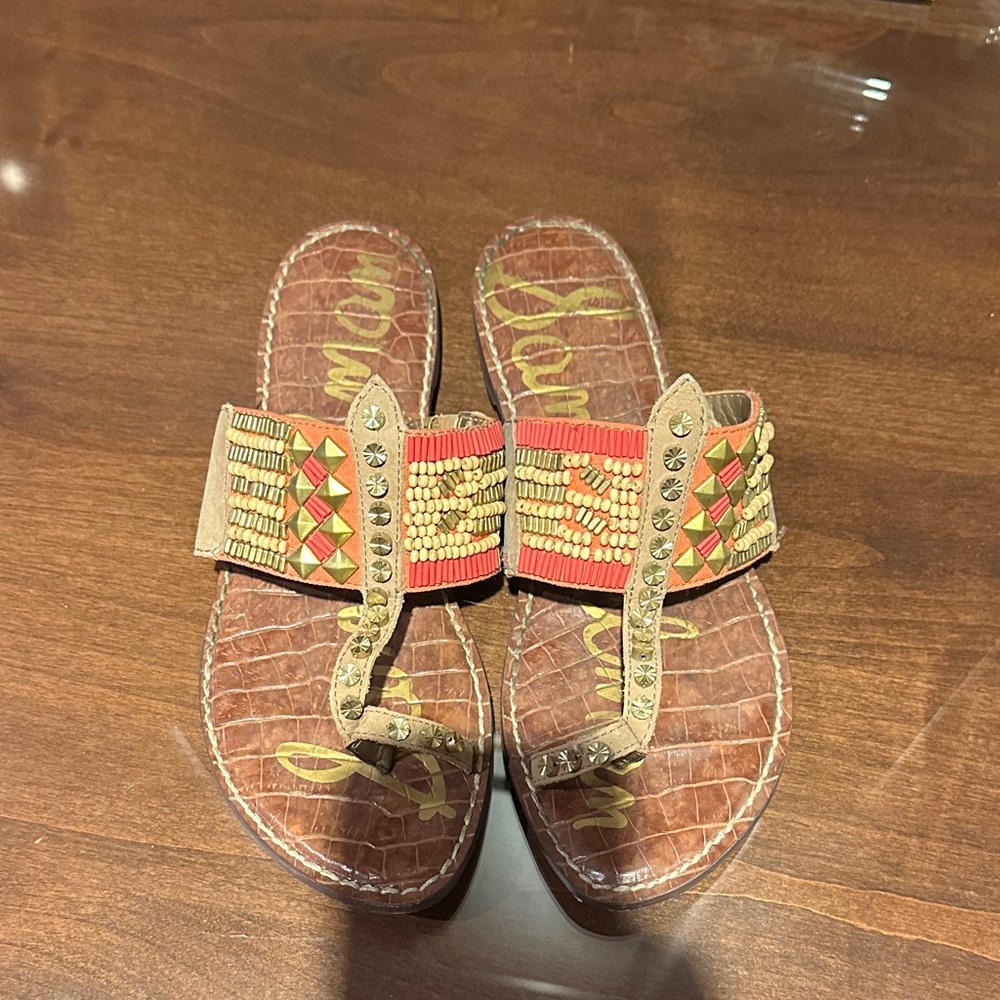 Sam Edelman Tan and Red Beaded Sandals